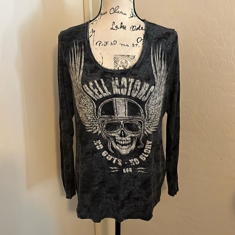 Y2K Distressed Hell Motors No Guts No Glory Cutout Shirt Emo Skull Wings Goth